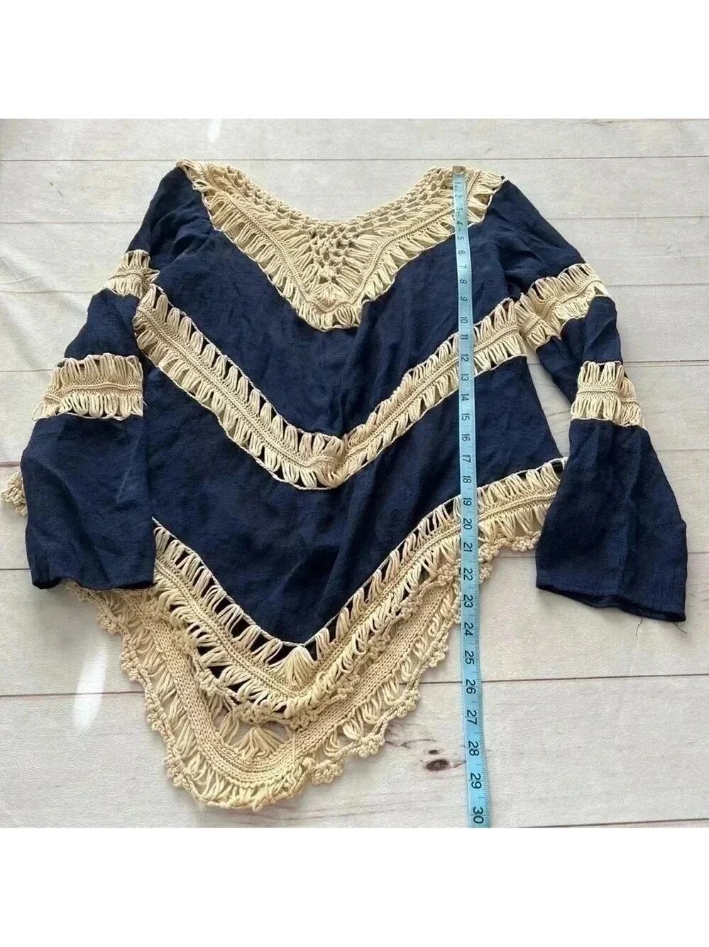 Umgee Long Sleeve Boho Crochet Sheer Top Navy Blue Size L Bohemian - Picture 14 of 14